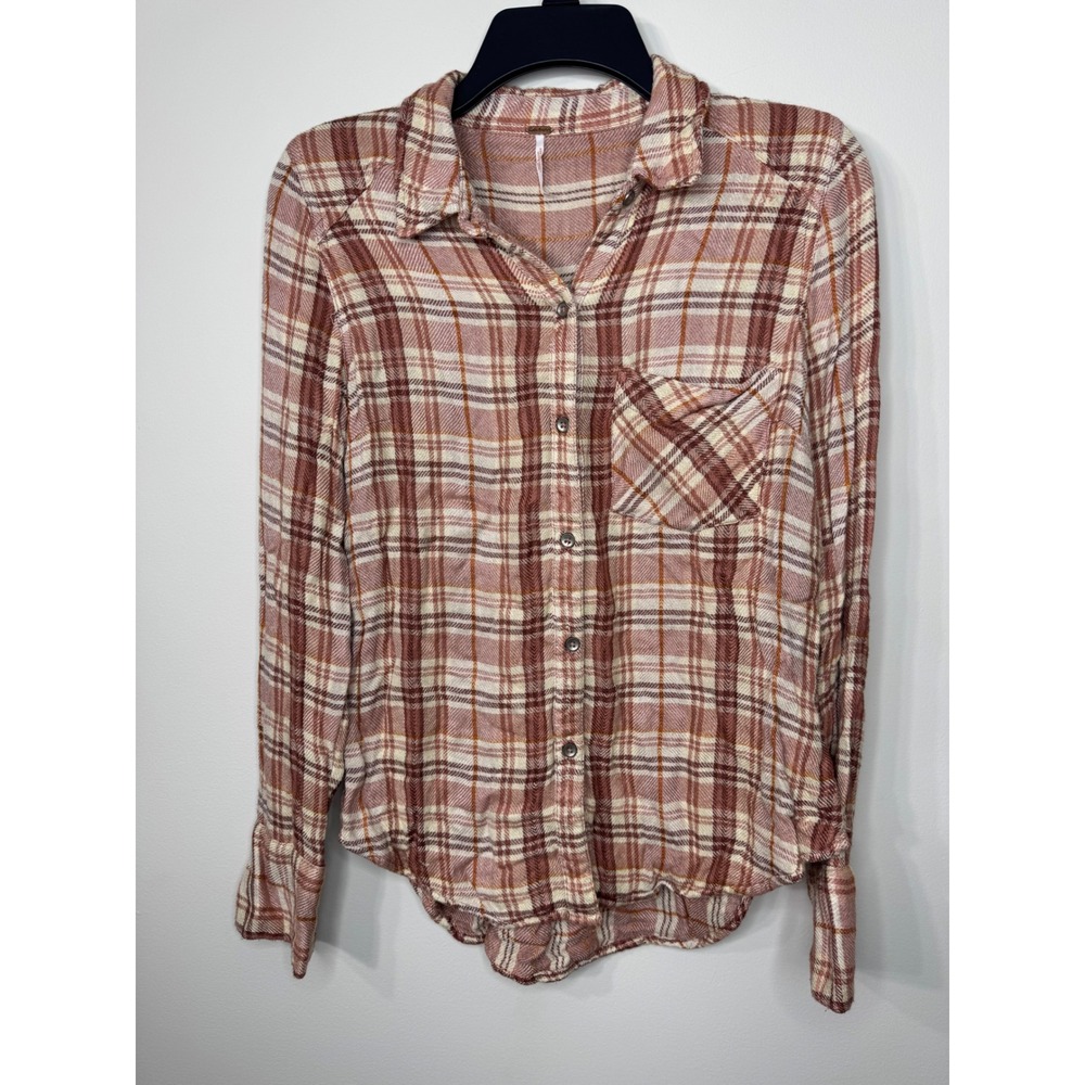 Free People Plaid Button Down Shirt Mauve Cream Orange Rayon Gauze Small